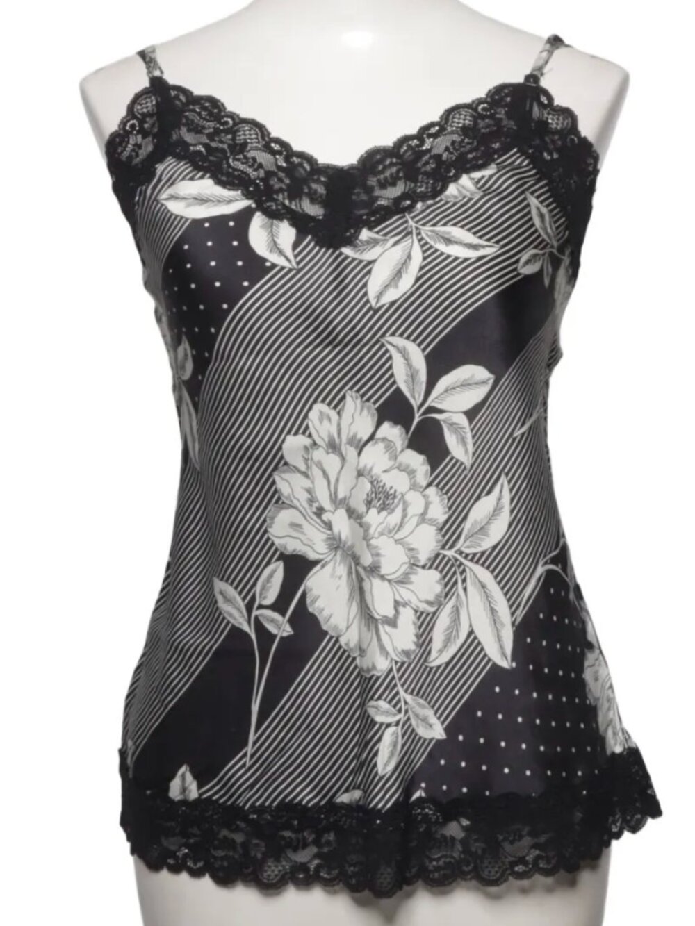 NEW S Intimissimi Silk Cami Black White Rose Graphic Print Lace Trim Tank Top